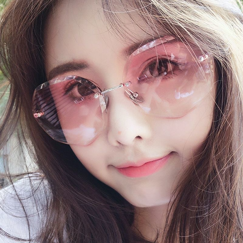 COD Kacamata Hitam Korean Gaya Wanita Frameless Kacamata Hitam Bulat Sunglasses Women