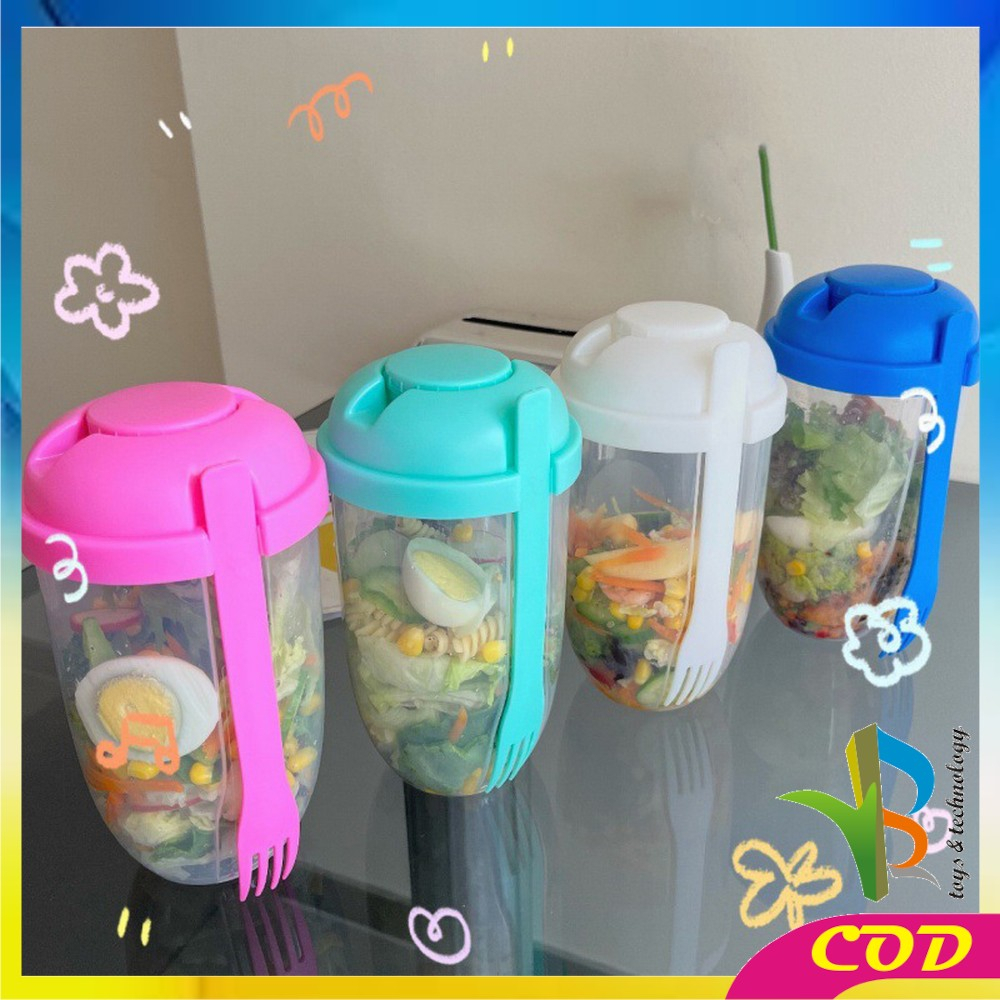 RB-C863 Botol Salad 1000ML dengan Sendok Garpu + Botol Saus Kecil Praktis Portable / Tempat Makan Buah Sayur Salad Transparan BPA FREE / Gelas Salad Plastik Import