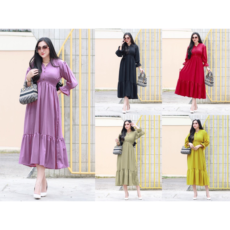 Baju Dress Daster Longdress Homedress Isyana AliceTerusan Lengan Panjang Smock Smok Kerut Serut Casa