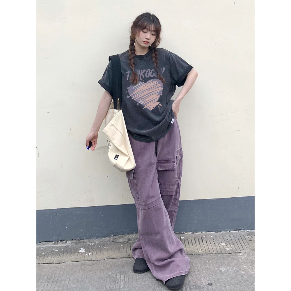 EUNII T-shirt Lengan Pendek Black Washed Cartoon Pink Purple Heart Printing Korean Style/Kaos Atasan Wanita/Baju Wanita/Kaos Wanita