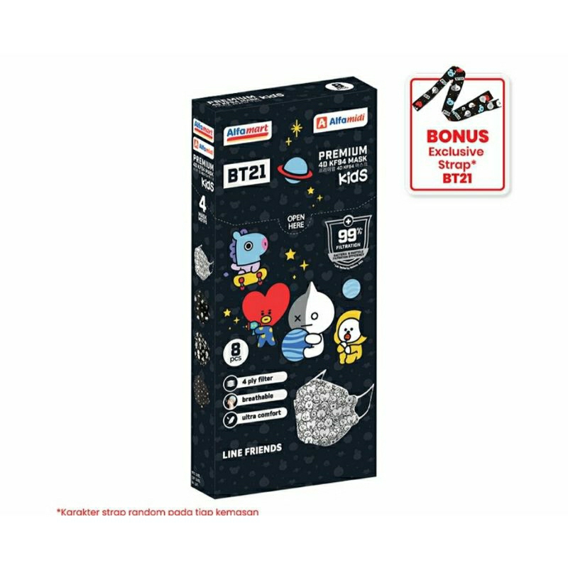 Alfamart BT21 Masker Kids KF94 4D 4 ply + Strap - Isi 8 pcs Pattern 1