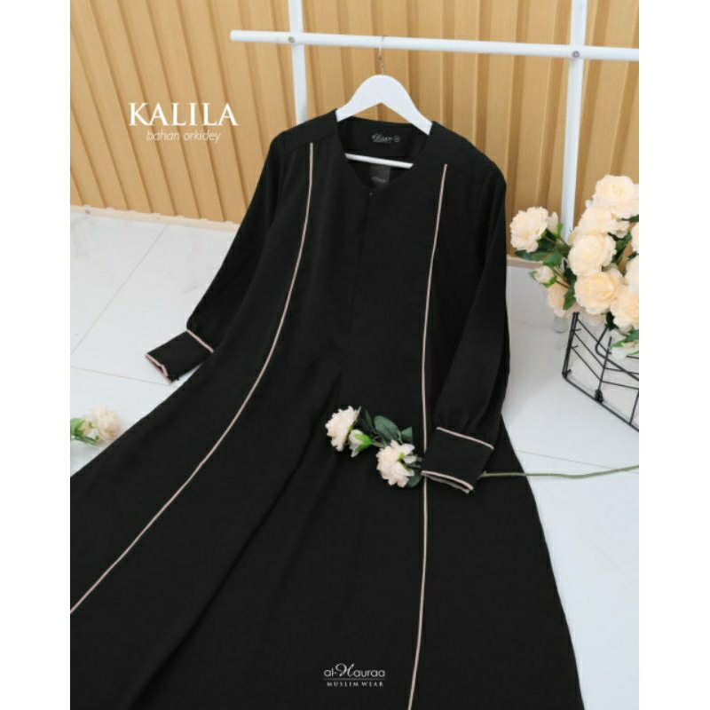 Gamis Terbaru Hitam Polos Syar'i Premium Dewasa  Kalila By Alhauraa