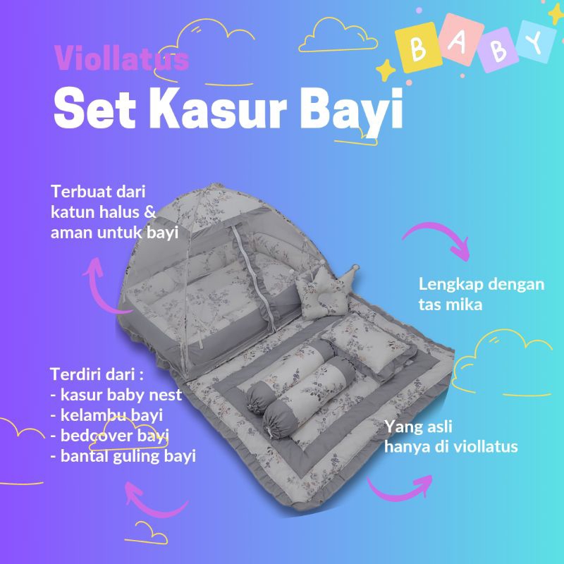Kasur Bayi dan Kelambu Bayi motif Fair Lady Polos Abu dengan Set Bedcover Bayi