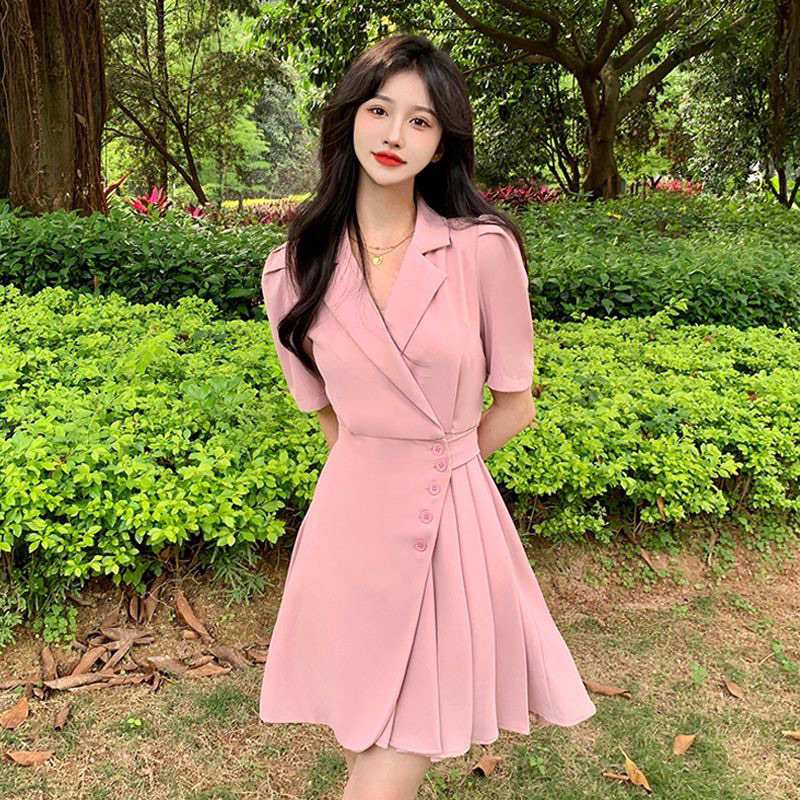 Petra Dress Basic Korean Chic Minimalis Casual Polos Formal Pleated Midi V Neck Gaun Cantik Manis Bl
