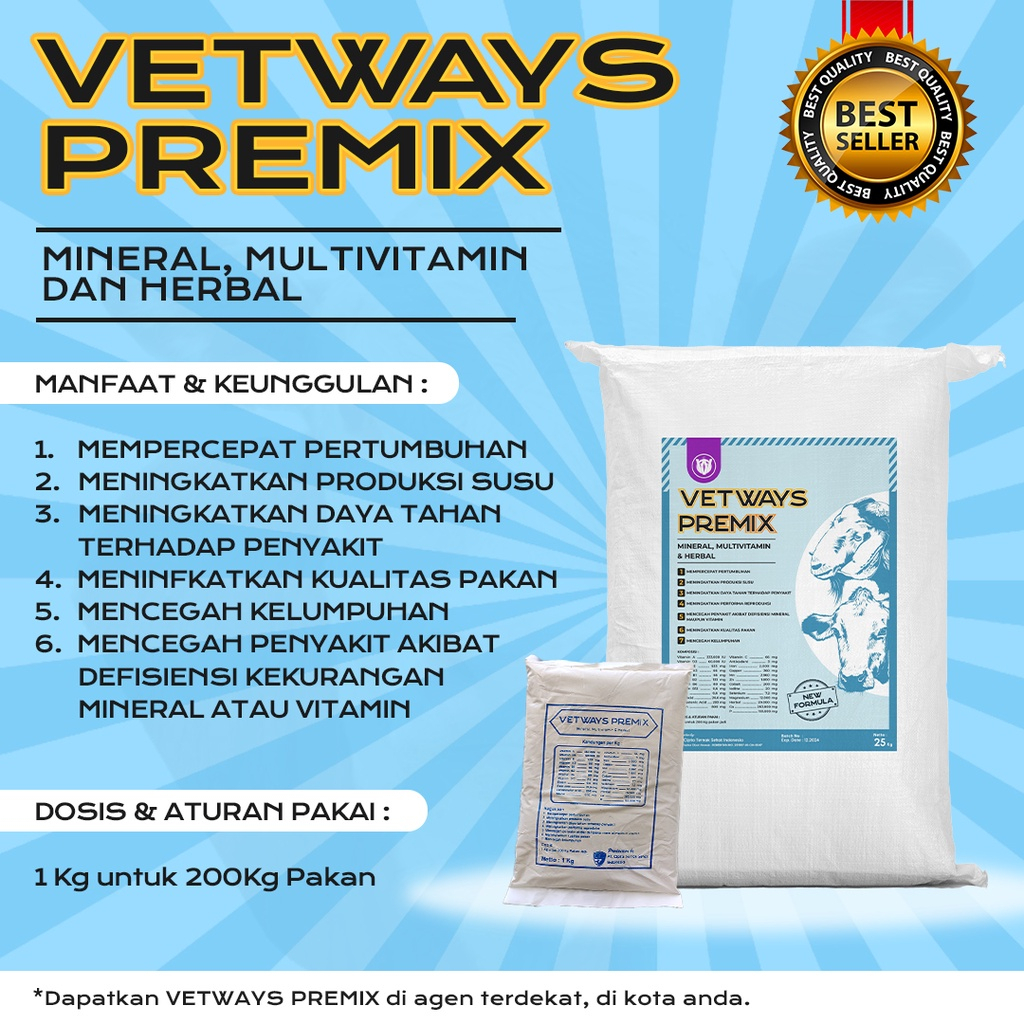VETWAYS PREMIX 25 KG | Vitamin Mineral &amp; Herbal Penggemuk Untuk Ternak Sapi Kambing Kerbau Kuda | Apoternak