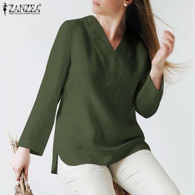 ZANZEA Women Daily Retro Simple V-Neck Full Sleeve Loose Casual Blouse