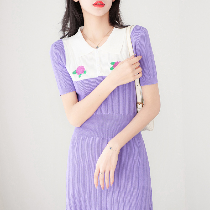 【Elegant】A-Line Elegant Knitted Short O Neck Mid Calf Dress 2098