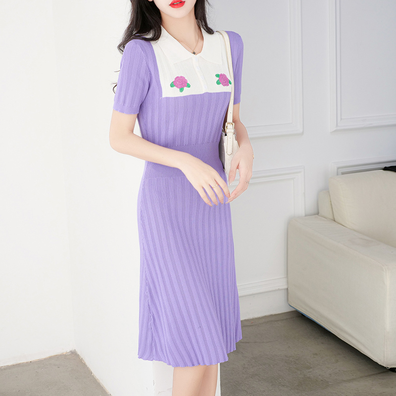 【Elegant】A-Line Elegant Knitted Short O Neck Mid Calf Dress 2098