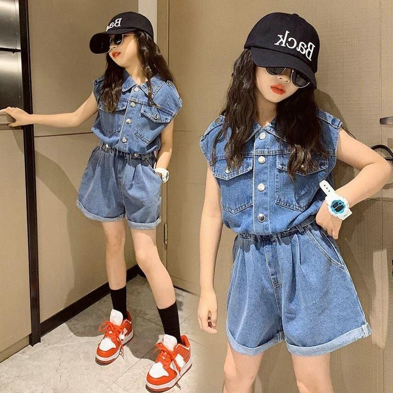 setelan jeans anak perempuan import 4 tahun - 13 tahun (baju+celana) setelan hotpants anak perempuan