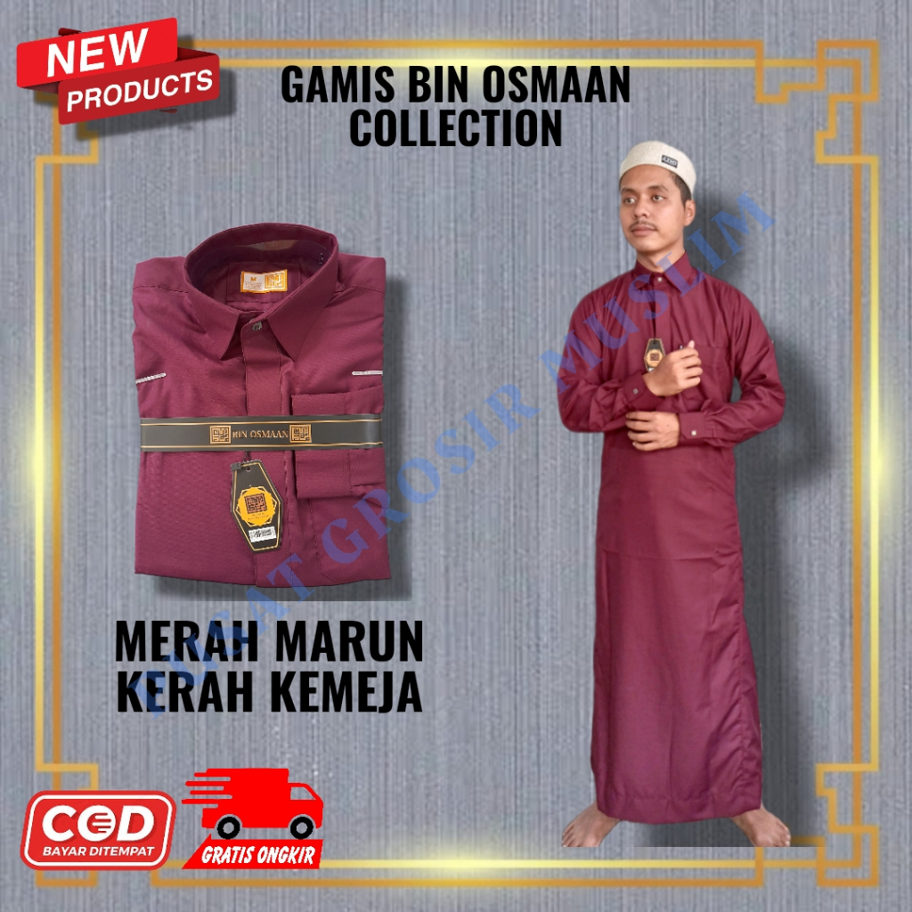 Jubah Pria Gamis Bin Usman Merah Marun / Jubbah Mewah Model Terbaru / Gamis Bin Osmaan Kerah Kemeja