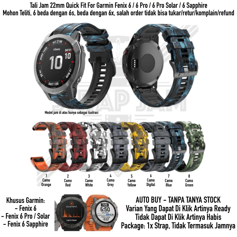 CQF Strap Garmin Fenix 6 / Pro / Solar / Sapphire - Tali Jam Quick Fit 22mm Army Camo Keren