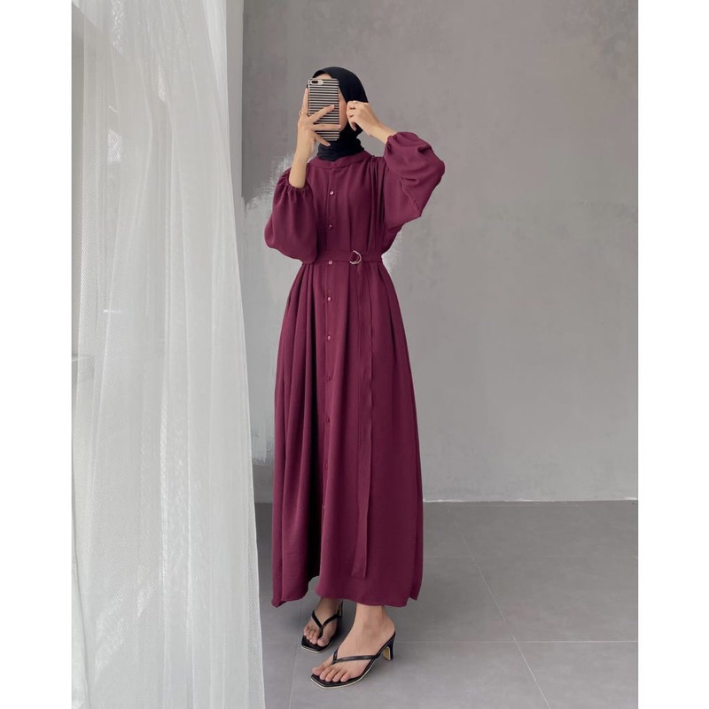 LUTFIA GAMIS LONG MIDI FULL KANCING DRESS ATASAN WANITA CRINCLE AIRFLOW PREMIUM (DBY)