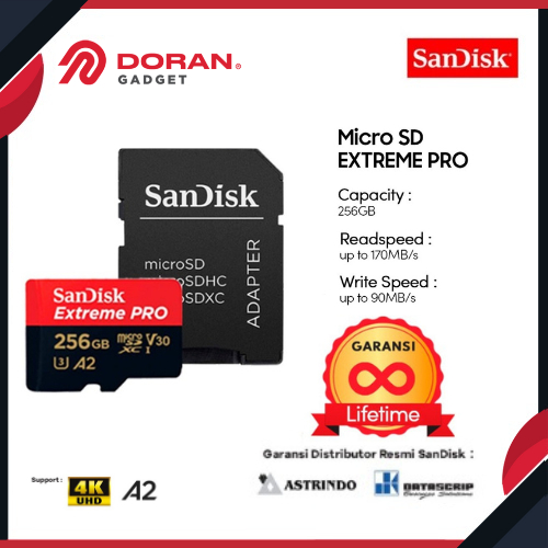 Memory Card Micro SD 256GB Sandisk Extreme Pro 200Mbps A2 + Adapter - Original