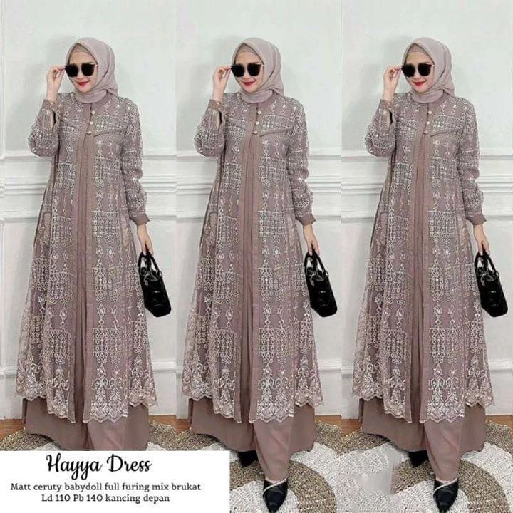 HAYYA DRESS - Gamis Brukat Sultan Viral Bahan Ceruti Mix Brokat Import Premium Baju Kondangan Couple