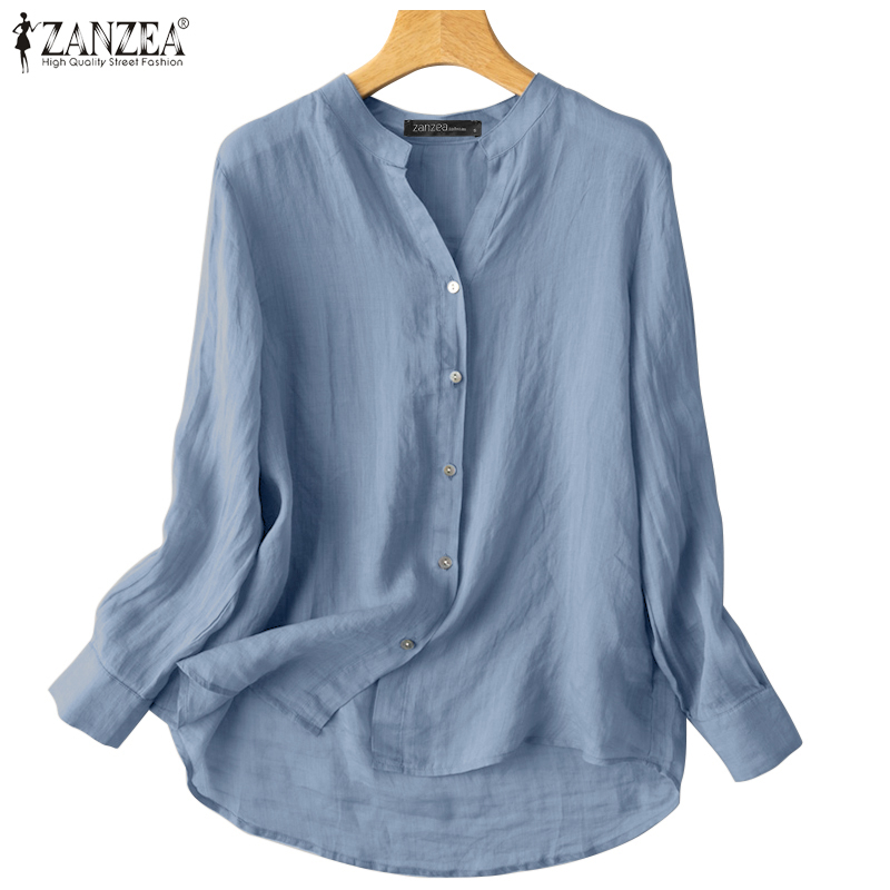 ZANZEA Women Elegant Casual V Neck Long Sleeve Simple Solid Shirt