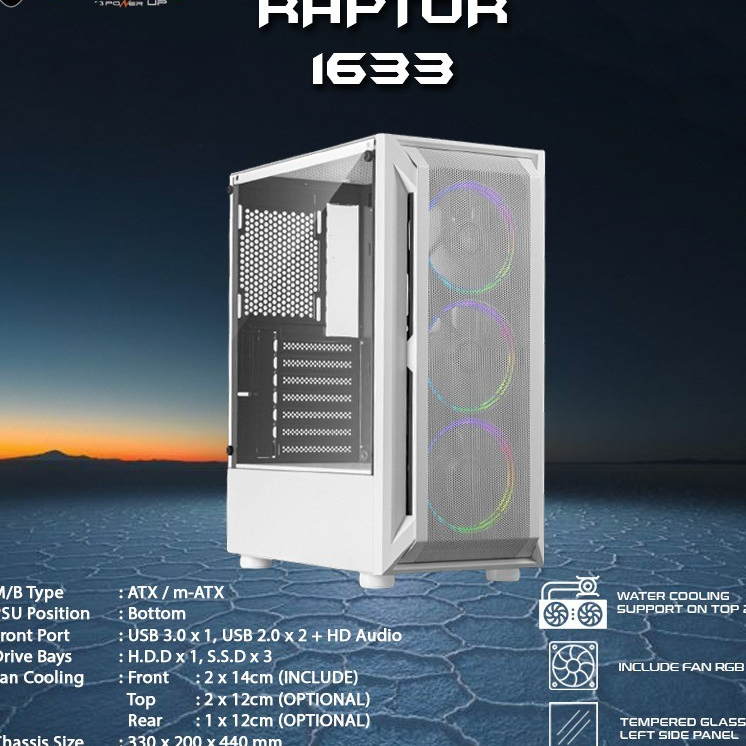 Power Up RAPTOR 1633 White - ATX - FREE 3 FAN RGB / Casing Gaming