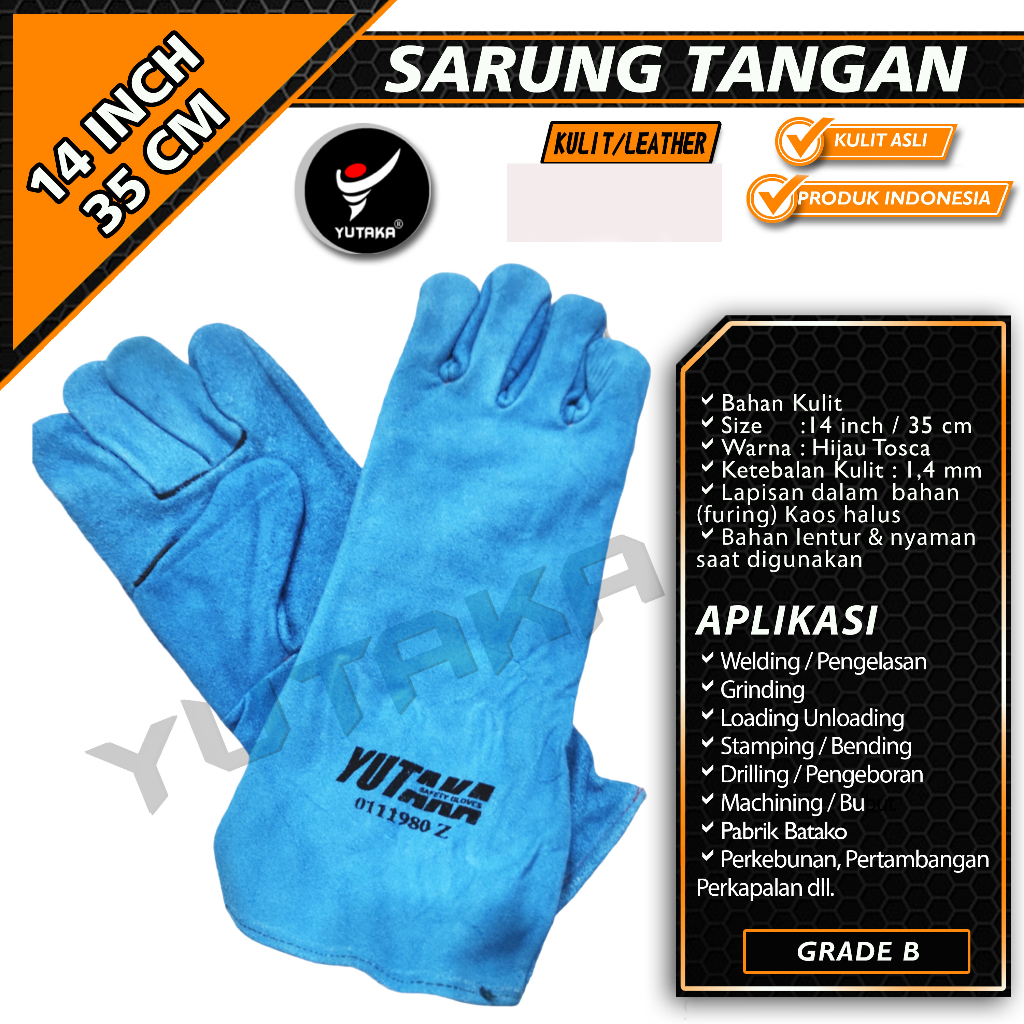 Sarung Tangan Las Yutaka 14 Inch termurah Hijau Tosca/sarung tangan murah kulit las yutaka termurah/sarung tangan las yutaka terlaris