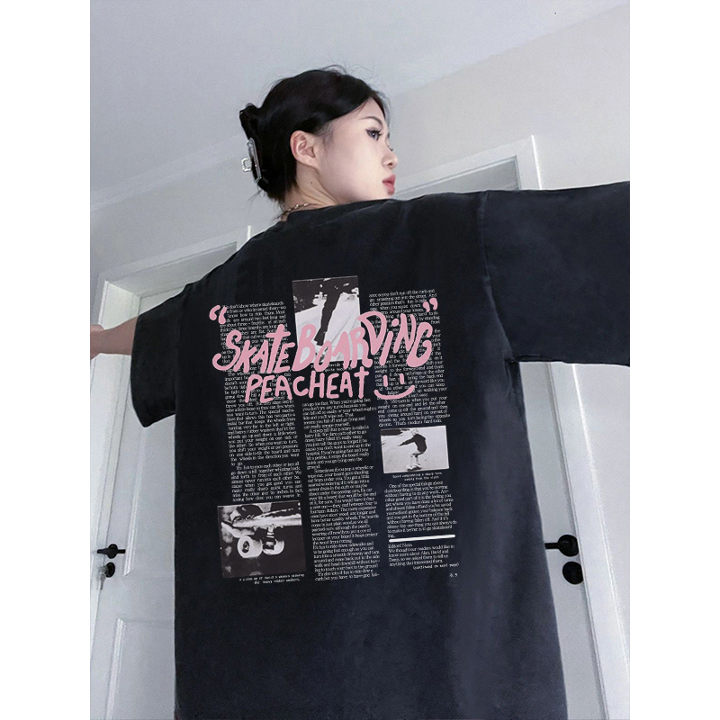 EUNII T-shirt Lengan Pendek Black Washed Vintage Pink Hiphop CD Printing Korean Style/Kaos Atasan Wanita/Baju Wanita/Kaos Wanita