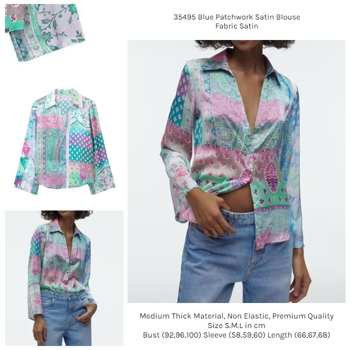 35495 Kemeja Biru Wanita Atasan Kerja Lengan Panjang Blue Patchwork Satin Blouse