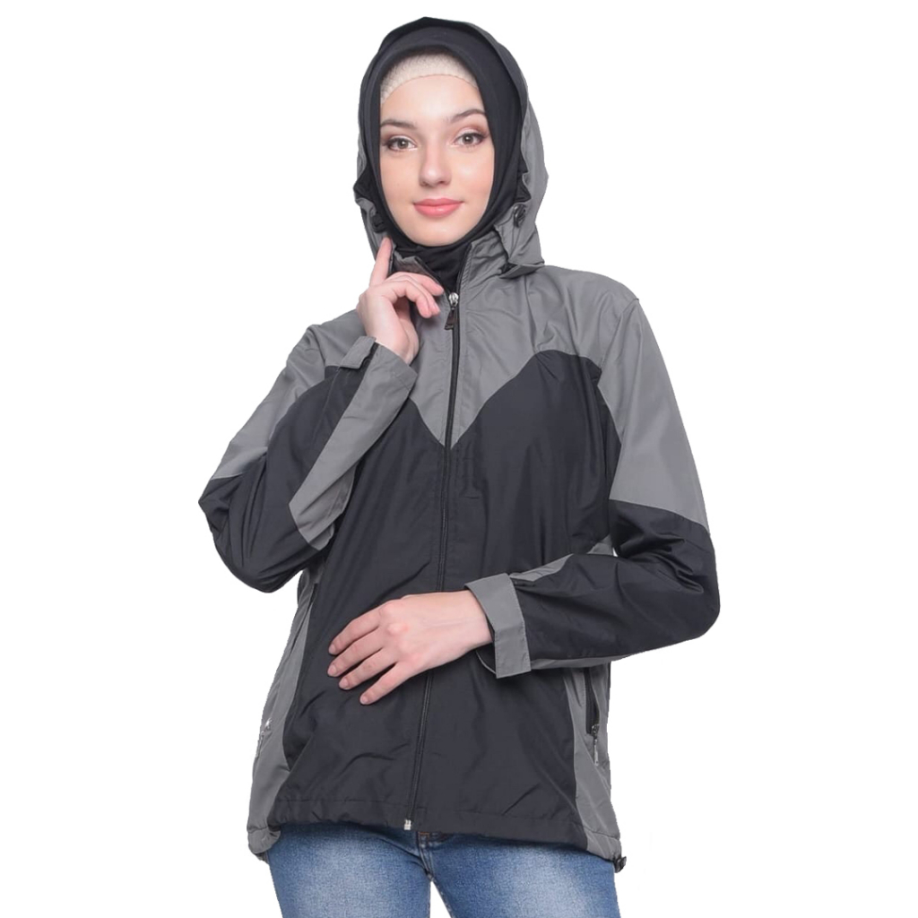 Justrue Jaket Wanita Outdoor Jacket Gunung Waterproof Abu Hitam