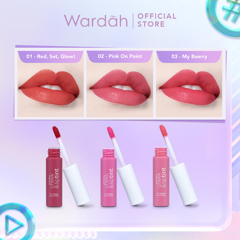 WARDAH Everyday Cheek &amp; Lip Tint Indonesia / 5.5g / Be Happy Everyday / Moisturising Nourishing Pigmented And Natural Finish Yummy Fruity Aroma / Quick Set Vit C / 01 Red Set Glow 02 My Baerry 03 Pink On Point / Cosmetic Makeup Lips Make Up Lipstick Lips