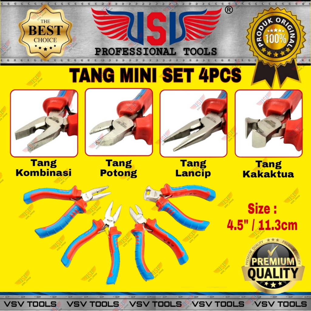 VSV Tang Mini Set 4pcs Mini Pliers Set 4.5&quot; Tang Kombinasi Tang Potong