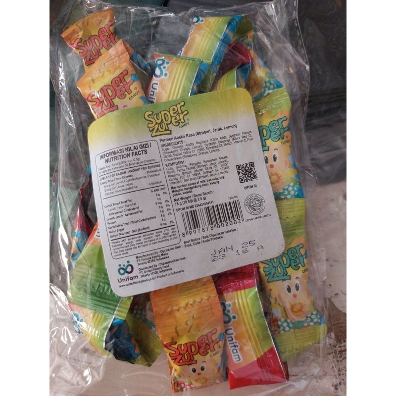 

Super Zuper Candy Permen Aneka Rasa Stroberi Jeruk Lemon Rentengan Rencengan Isi 30 Sachet Pcs 75 Gr