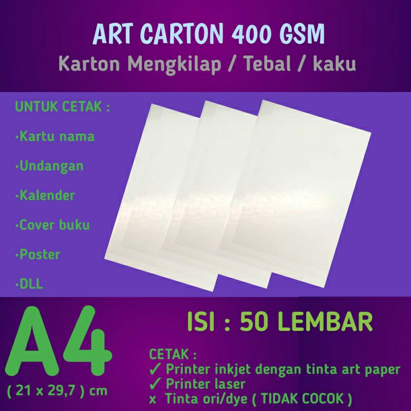 

Art Karton 400 GSM A4 isi 50 Lembar / Kertas Art Carton / Art Paper Glossy 400 gram