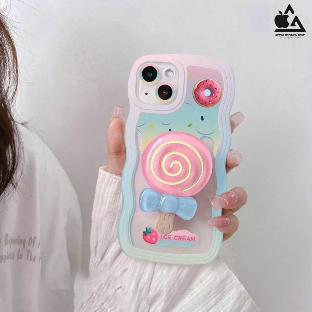 Softcase Lucu 3D Pop Socket Lollipop iPhone 14 Pro Max Plus 14+ 13 Pro Max Korean Pop Soket Popsoket Standing Soft Case Casing Camera Protector Protection Pelindung Kamera Silikon Silicone Jelly Hardcase