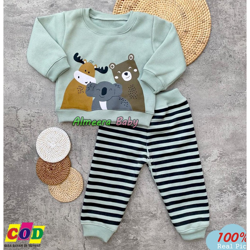 Setelan Baju Bayi Setelan Sweater Celana Joger Motif Animal Bahan Katun Fleece Usia 3-12 Bulan Almeera Baby and Kids