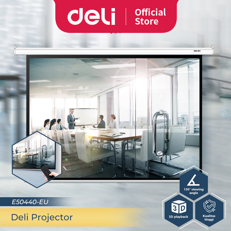 Deli Automatic Screen Projector Layar Proyektor Otomatis 100 inch Dengan Remote Bisa Digantung E5044