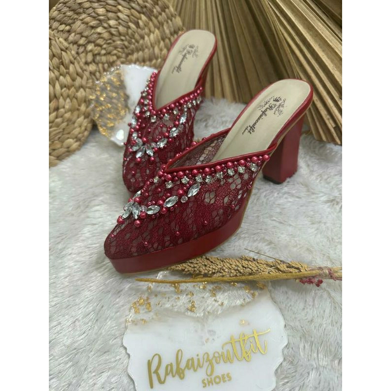 Sepatu wedding pesta Cantik Amirra Maroon 9cm tahu