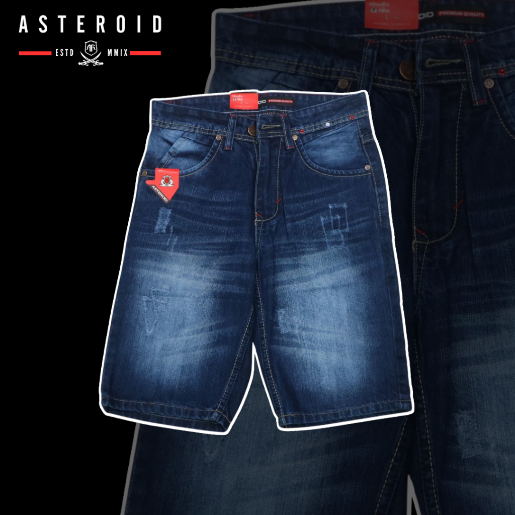 CELANA PENDEK JEANS PRIA ASTEROID RIPPED / SOBEK-SOBEK WASHED BLUE