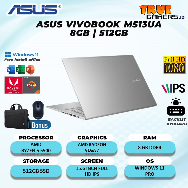 Laptop Asus Vivobook M513ua Amd Ryzen 5 5500 16gb 512gbssd vega7 win11pro 15,6 fhd ips