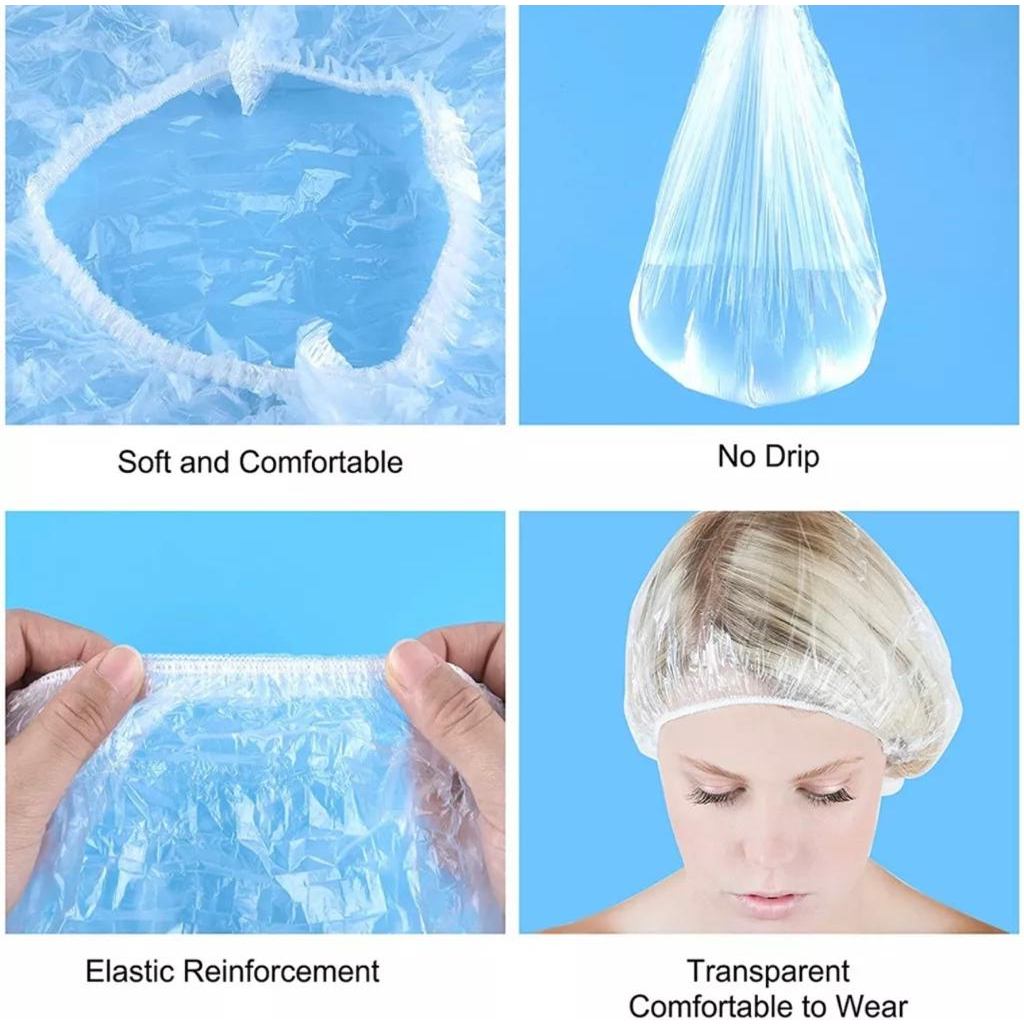 STV isi 100 pcs diposable shower cap transparan / topi mandi sekali pakai / plastik pembungkus serbaguna