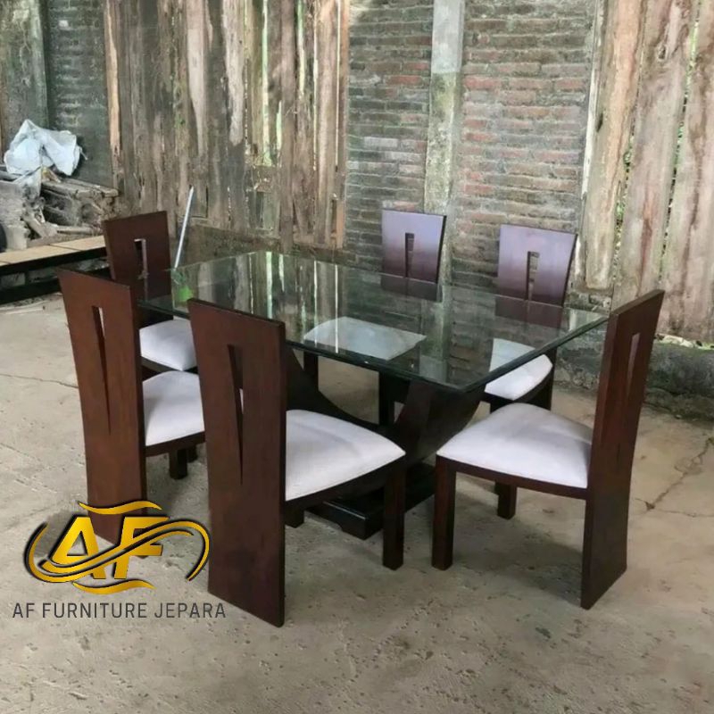 set meja makan top kaca, meja makan mewah, kursi makan castom