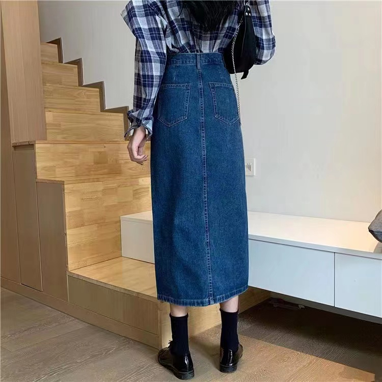 ✅COD Rok denim split gaya Korea rok a-line wanita berpinggang tinggi sedang untuk menutupi rok pinggul selangkangan