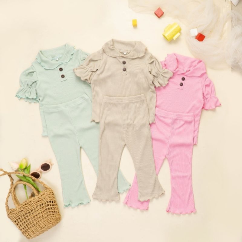 Baju Setelan RIB Anak Aurora Ruffle Knit Tee Dengan Celana Cutbray Usia 1-6 Tahun