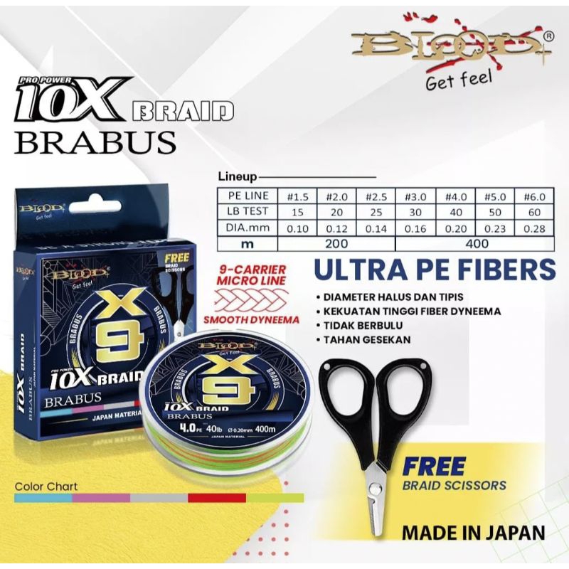 Senar PE Blood Brabus X9 Braid 10X Multicolor 400 meter Free Gunting Split