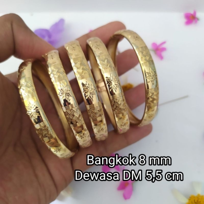 Gelang Swasa Dewasa kuning SELAMANYA,Model Bangkok lengkung lebar 8 mm bukaan samping.