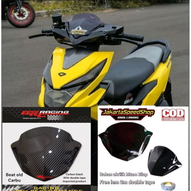 Visor variasi winshield honda beat new esp beat karbu beat fi lama bahan full akrilik warna hitam &amp; carbon celup wtp free lem 3m doubel tape perekat