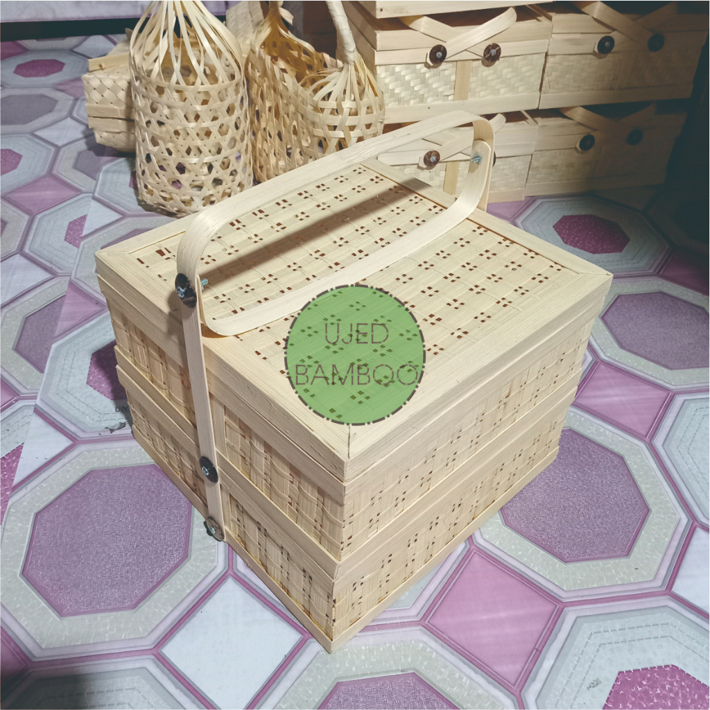 Rantang atau Wadah Makanan dari Bambu Kotak Anyaman Mata Itik Susun 2