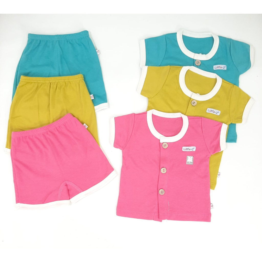 [Size SML] Little Q Setelan Polos Plain Set Pendek Kancing Tengah Celana Pendek Isi 3pcs