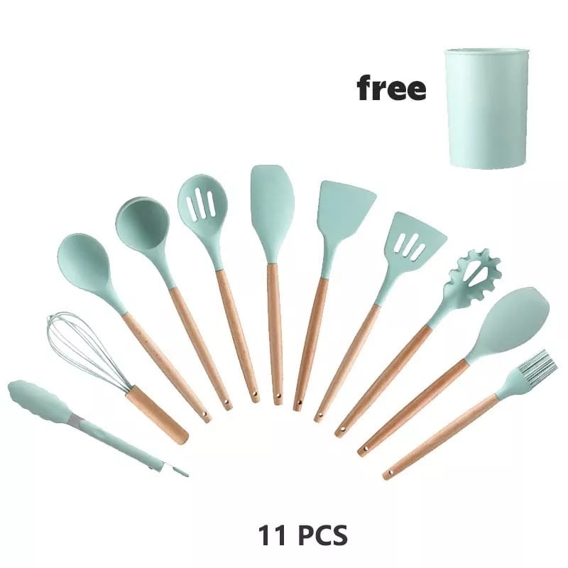 Silicone Utensil 11 PCS + WADAH  spatula peralatan masak sutil pegangan kayu