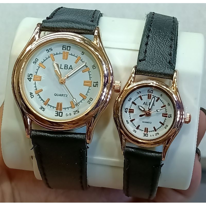 Jam Tangan Couple Murah Wanita Pria Fashion Kulit AB Kode 9R BALOK Ring Rosegold