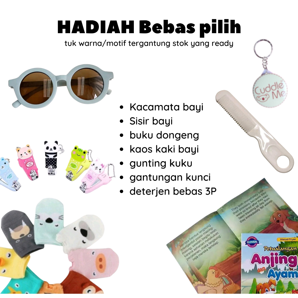 Free Produk dari kami stiap pembelian di toko kami gendongan M shape cuddleme kaos kaki, deterjen, kacamata, ganci, sisir, buku dongeng