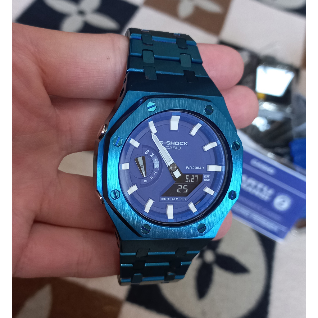 Jam Tangan Casio G-Shock AP Blue GA 2100HC Stainless Steel 2 Tone Original