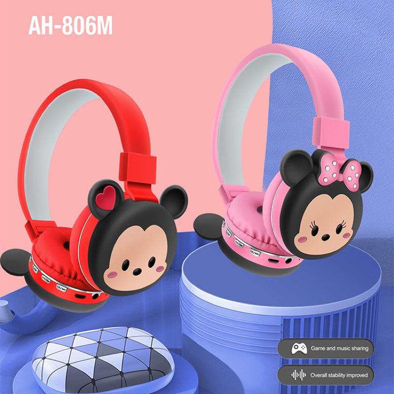 [ AH-806M / 807F ] HEADPHONE BANDO BLUETOOTH/WIRELESS KARAKTER KAWS / SUPERMARIO / DONALD /MICKEY BAHAN KARET TYPE AH-806 / AH 807F