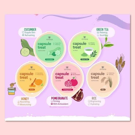 EMINA Capsule Treat Mask Indonesia / Masker Wajah 10ml / Honey Green Tea Pomegranate Rice Cucumber / Gel Clay Sleeping / Nourishing Moisturizing / Relaxing Soothing / Firming / Brightening Hydrating / Supple Skin Refreshing / Skincare Face Care Series