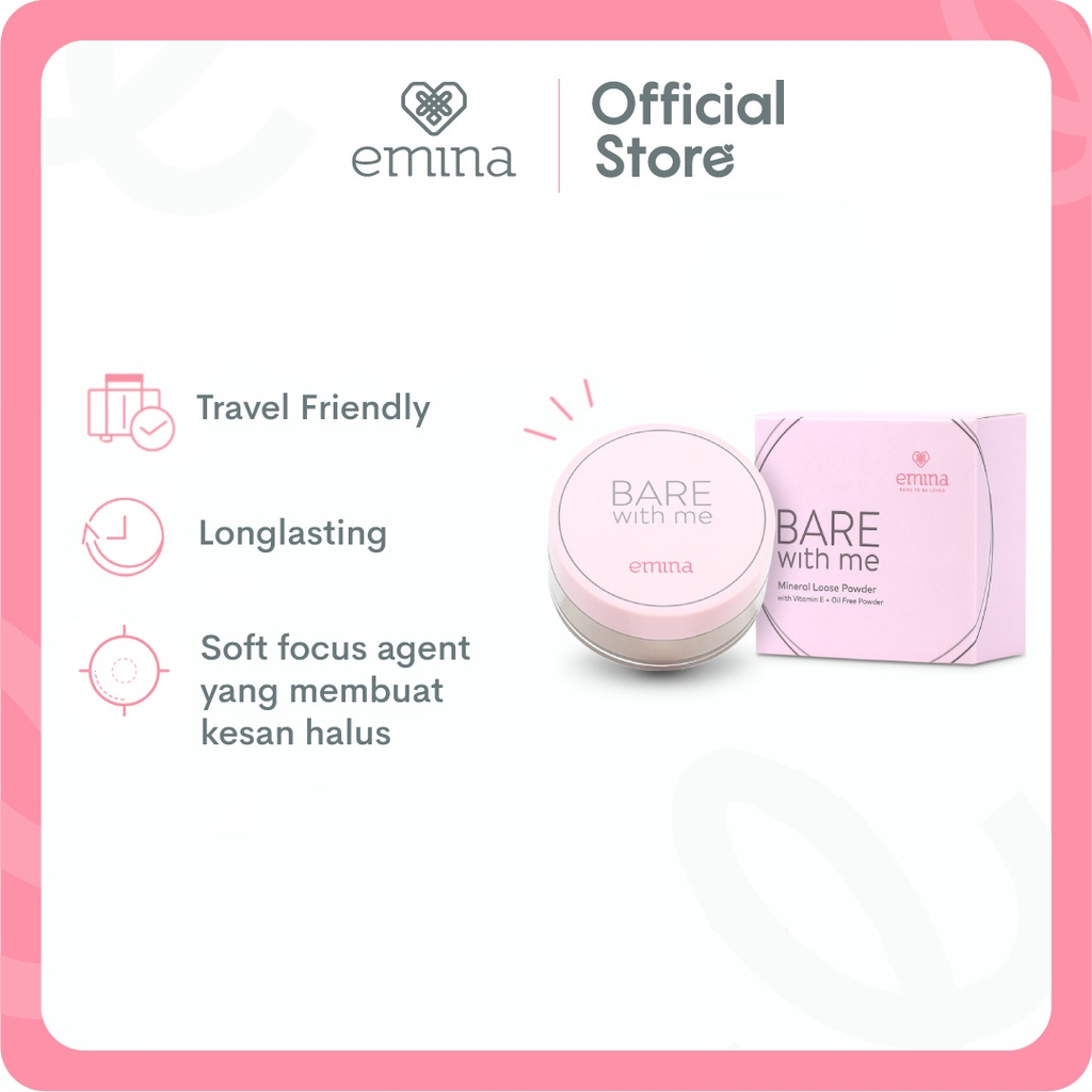 EMINA Bare With Me Mineral Loose Powder Indonesia / Bedak Tabur 8g / With Vitamin E Oil Free Powder / Oil Control Light Weight Natural Look / Tahan Minyak / Shade 01 Fair 02 Light Beige 03 Amber 04 Ebony / Cosmetic Face Makeup Series / Compact Foundation